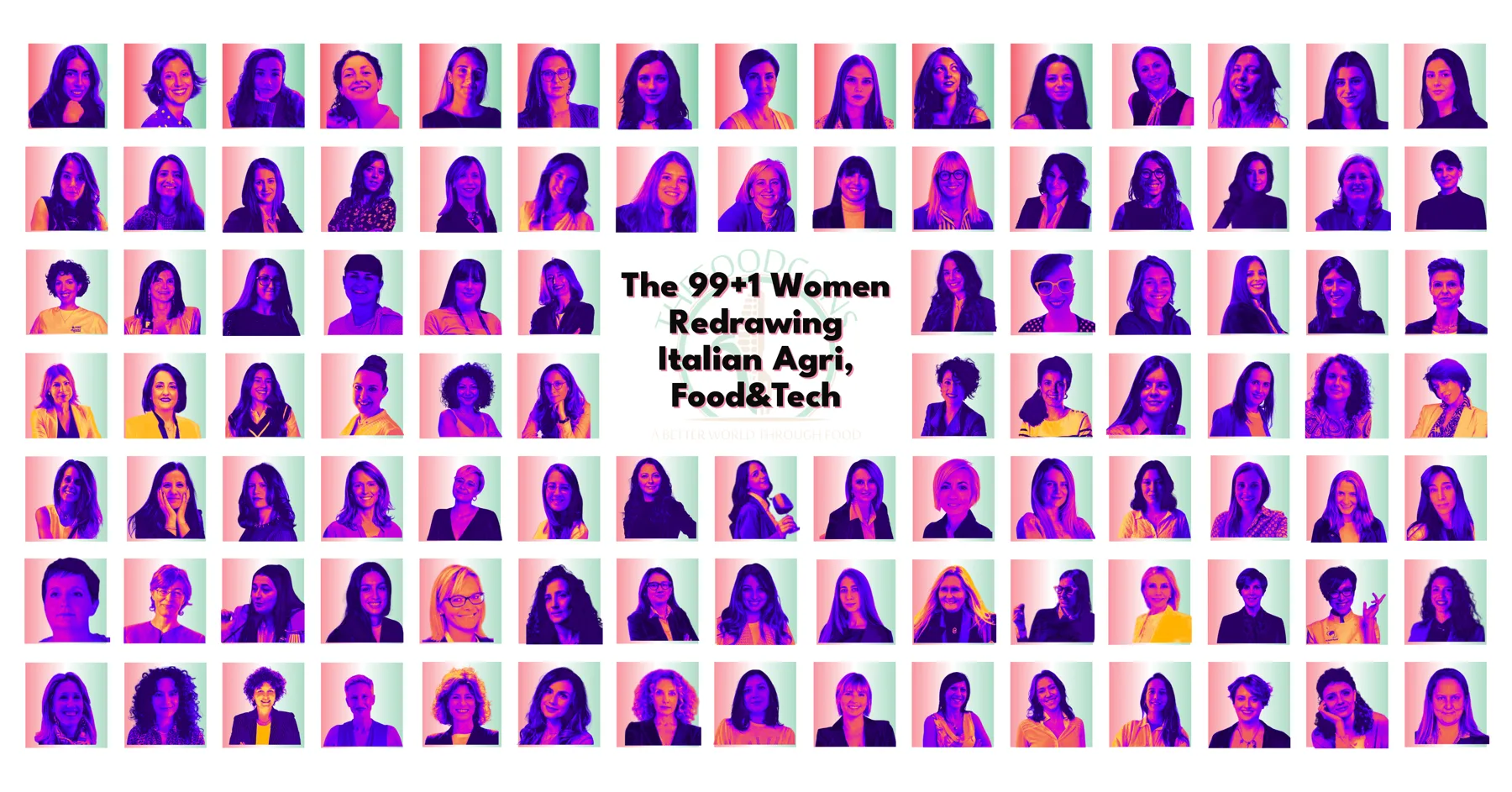 Collage of the 99 women redrawing Italian agri, food&tech